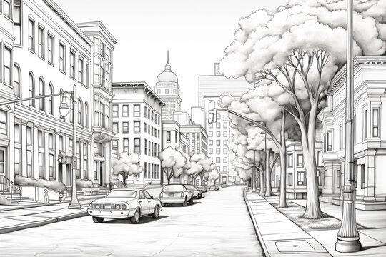 black and white clean coloring page for adults, street shot of downtown, Moscau