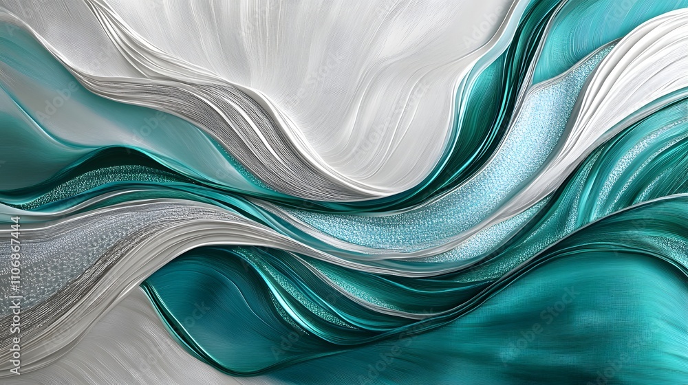 Poster a modern 3d canvas art with abstract flowing waves in shades of teal, emerald, and metallic silver, 