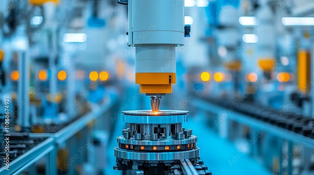 Aufkleber automated manufacturing process with robotic arm and conveyor belt