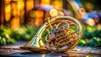 Detailed View of an Early Music Natural Horn in Tilt-Shift Photography, Showcasing the Intricate Craftsmanship and Historic Elements of this Unique Musical Instrument
