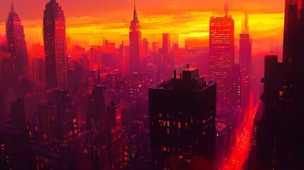 A sunset view of a metropolitan area, with buildings glowing orange and pink