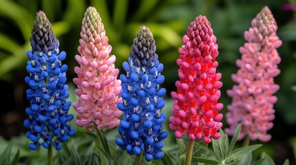 Vibrant lupine flowers in various colors arranged in a garden setting.