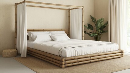 Eco-friendly interior design with bamboo furniture. Bamboo bed in a serene, minimalistic bedroom setting.