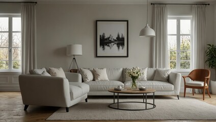 Fototapeta premium White home living room interior with table and chairs, window. Mockup frame