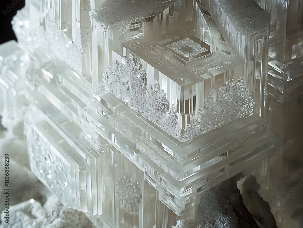 Poster close-up of intricate, translucent white crystal structure with layered geometric formations.