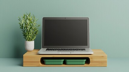 Fototapeta premium Eco-friendly interior design with bamboo furniture. Modern workspace with laptop and plant on wooden stand.