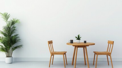 Fototapeta premium Eco-friendly interior design with bamboo furniture. Minimalist dining area with wooden table and chairs, potted plant.