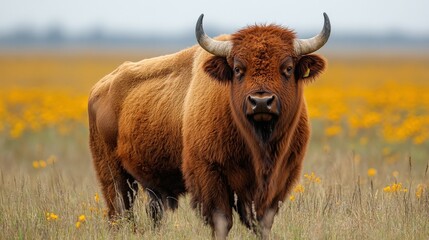 A bison stands in a field of yellow flowers, showcasing its majestic presence in nature.