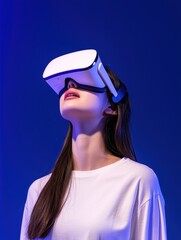 Virtual reality experience modern studio digital content futuristic environment upward view immersive technology exploration