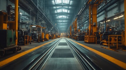 Obraz premium Industrial Factory Interior with Railway Tracks