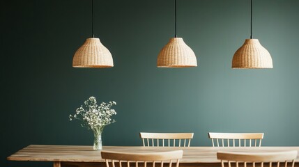Obraz premium Eco-friendly interior design with bamboo furniture. Cozy dining area with woven pendant lights and floral centerpiece.