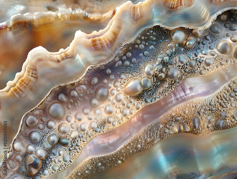 Poster close-up of iridescent oyster shell with pearls.
