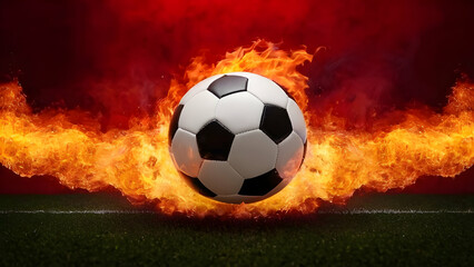 Fiery soccer ball on fiery red background.