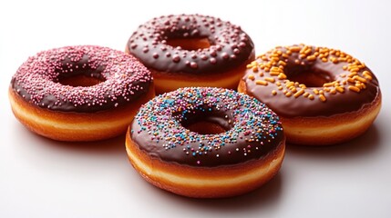 Four glazed donuts with sprinkles in assorted colors, chocolate, pink, and yellow.