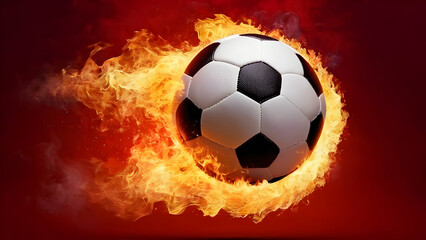 Naklejka premium Fiery soccer ball on fiery red background.