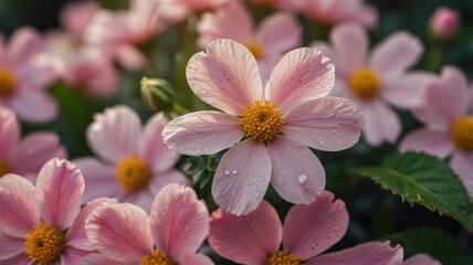 Close-up of pink flowers with dew drops.