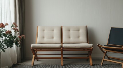 Eco-friendly interior design with bamboo furniture. Cozy living room with a modern sofa and plants on the side.