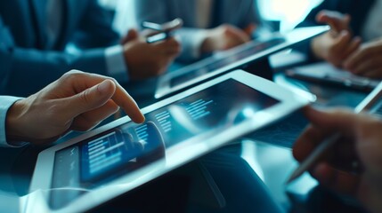 During a team meeting project managers use their tablets to access and review realtime data ensuring everyone is up to date and informed.