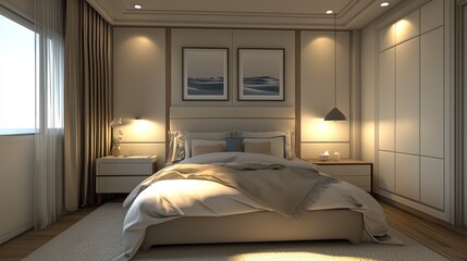 A serene small bedroom with minimalistic design, emphasizing comfort and tranquility