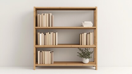 Eco-friendly interior design with bamboo furniture. Minimalist wooden bookshelf with neatly arranged books and a plant.