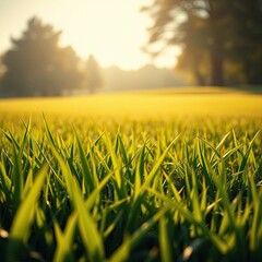Cluster of blades of grass swaying in the breeze on a golf course fairway, wind-blown grass, peaceful scene, outdoor detail, natural light, fresh cut grass