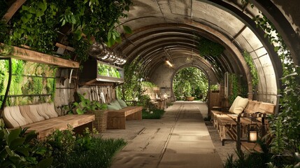Naklejka premium Serene Underground Farm Oasis - 3D Render Illustration of Rustic Wooden Barn Aesthetic with Vintage Farming Tools, Cozy Seating Areas, and Nature Connection