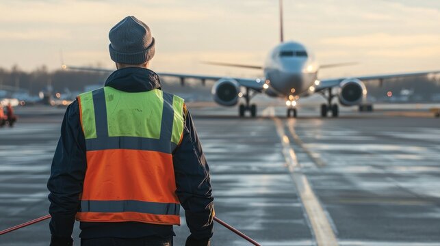A runway worker wearing a safety vest and using batons to guide a plane on the tarmac.