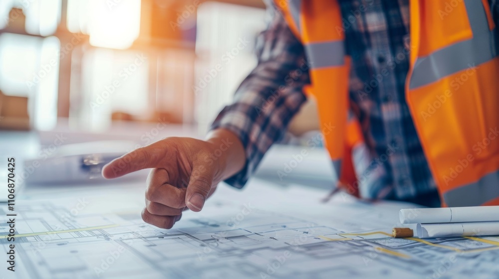 Poster a worker pointing to a specific area on the blueprint explaining a design concept or strategy to his