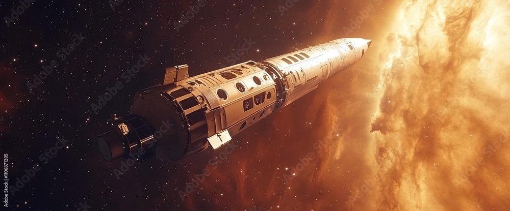Poster a spacecraft navigating through a cosmic environment near a star.