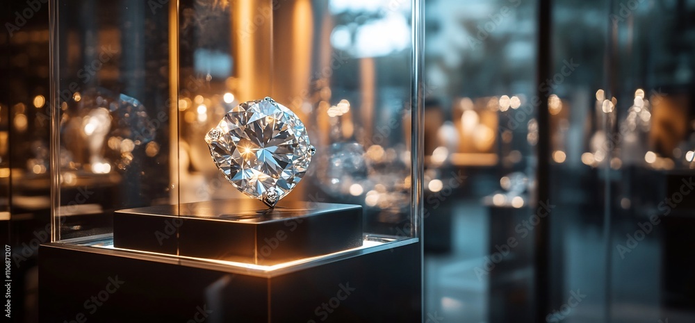 Poster a sparkling diamond displayed in a glass case with ambient lighting.