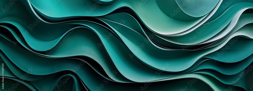 Poster a modern 3d canvas featuring overlapping organic waves in shades of emerald and jade, layered to cre