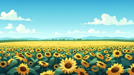 Fototapeta premium Field of sunflowers under a clear blue sky, illustrated landscape.