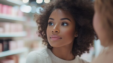 Curious Young Woman Exploring Cosmetic Choices in Bright Retail Store