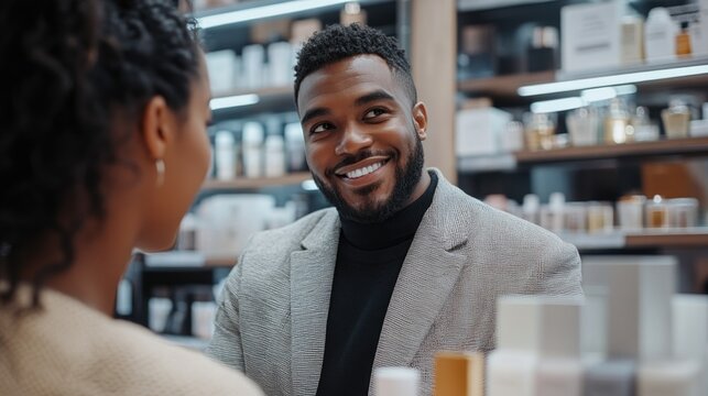 Smiling Young Man Having a Conversation at a Cosmetics Store