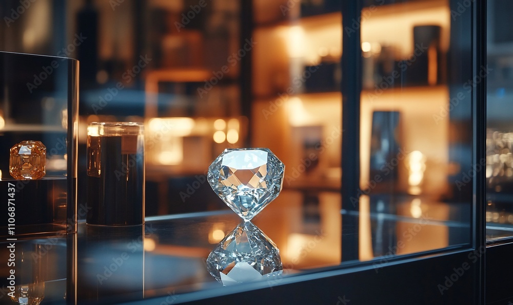 Poster a sparkling diamond displayed elegantly in a glass showcase.