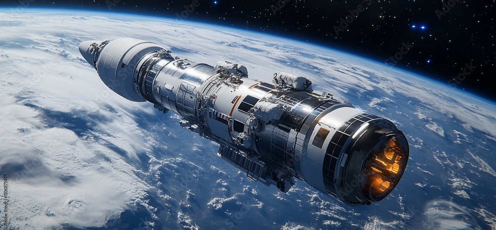 Poster a spacecraft in orbit above earth, showcasing advanced technology and design.