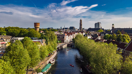 Utrecht town аerial drone view from above, typical Dutch city skyline, Utrecht cityscape with...