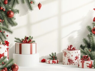 Christmas themed booth decoration, Christmas background, adorned with Christmas ornaments and decorations, perfect for holiday promotions