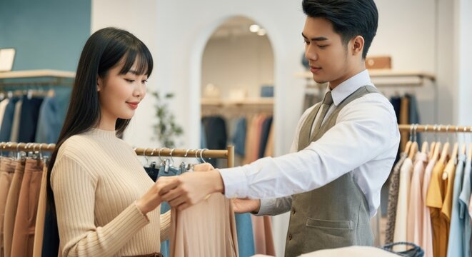 Elegant Woman Shopping for Clothes with Assistance from Salesperson