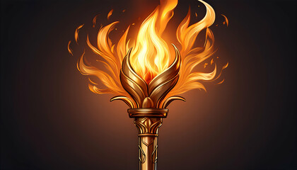 A golden torch emitting bright orange flames on vector illustration isolate