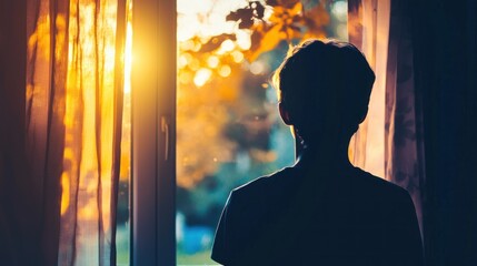 A silhouette of a person standing by a window, gazing outside with a feeling of isolation.