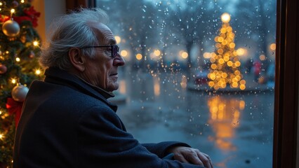 Obraz premium Elderly Man Reflecting by the Window During a Christmas Rain