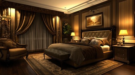 Fototapeta premium A stunning bedroom featuring elegant decor, plush furnishings, and a harmonious color palette for a luxurious feel