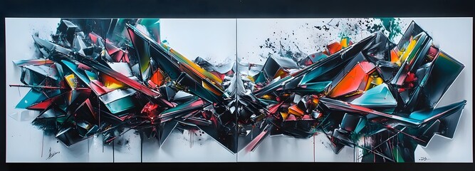 A futuristic 3D canvas art piece with layered cubic structures and sharp, angular edges in deep blacks and bright neon colors, creating an intense sense of depth and abstraction