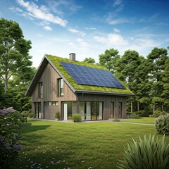 modern green eco friendly house with solar panels on the roof surrounded by lush green trees and grass
