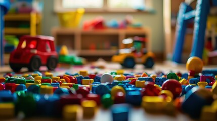 A soft-focus background image of toys scattered across a playroom, with colorful and playful tones