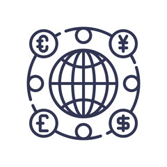 Global currencies encircle a globe, symbolizing interconnected economies.