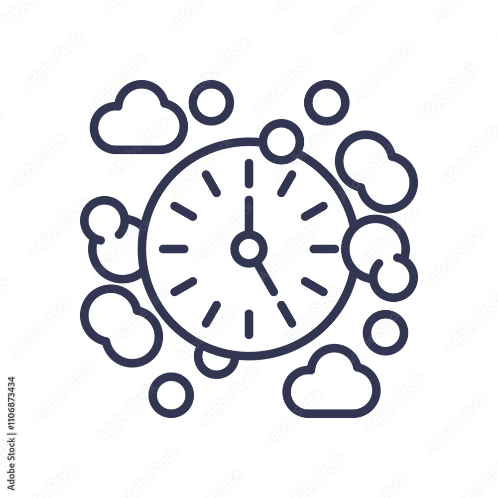 Poster clock surrounded by clouds symbolizes time management and productivity.