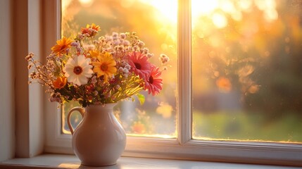 A vase of colorful flowers sits on a windowsill, illuminated by sunset.