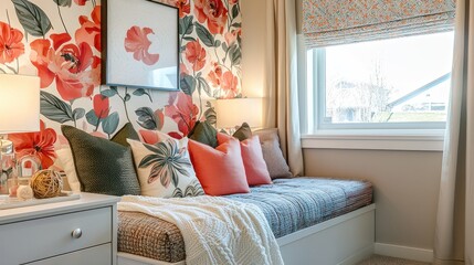 A stylish girls' bedroom with a comfortable reading nook, showcasing a blend of fun and comfort